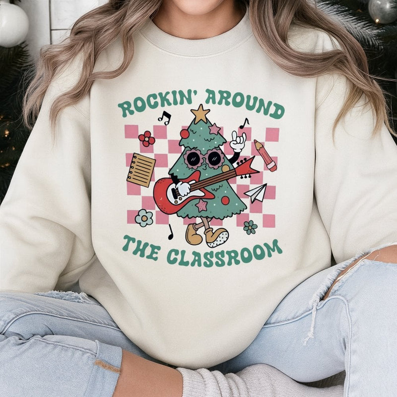 Christmas Tree Guitar Teacher Sweatshirt, Rockin Around the Classroom Sweatshirt, Retro School Holiday Sweater, Humorous Teacher Crewneck