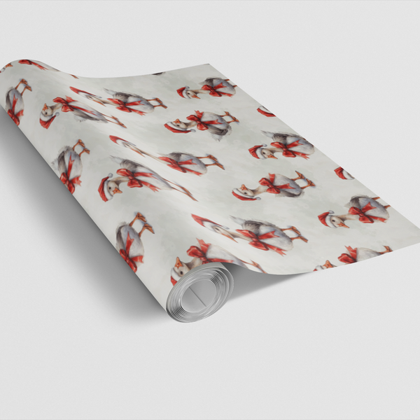 Santa Hat Bird Holiday Gift Wrap, Christmas Goose Wrapping Paper, Whimsical Farm Animal Wrap Paper Roll, Bird Lover Festive W