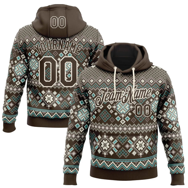 Brown Cream Holiday Sweatshirt, Custom Nordic Ugly Christmas Hoodie, Personalized Fair Isle Hoodie, Winter Sports Pullover Ho