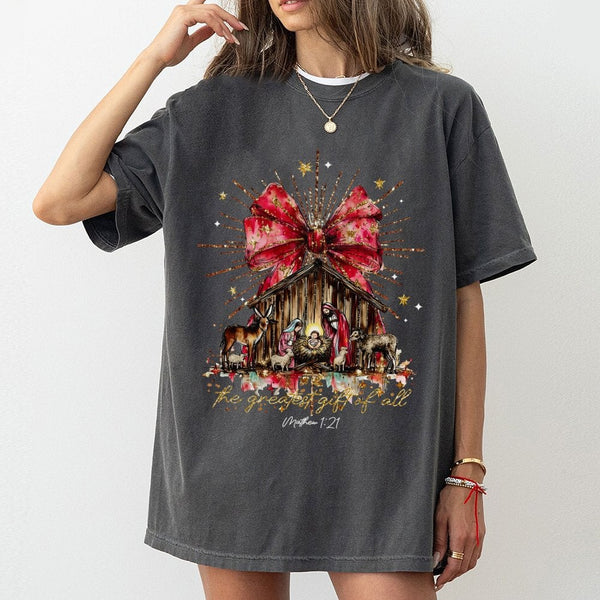 Christian Christmas Faith Shirt, The Greatest Present of All Nativity Scene T-Shirt, Religious Holy Night Graphic Tee, Jesus 