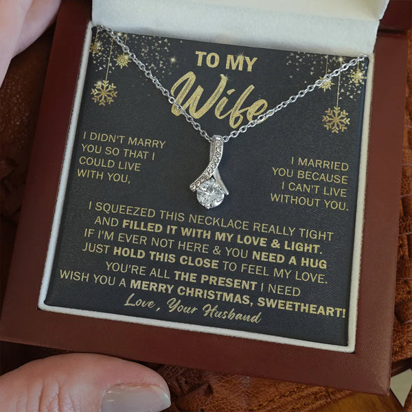 CZ Ribbon Pendant Necklace, To My Wife Christmas Necklace, 14k White Gold Over Stainless Steel Jewelry, Romantic Holiday Pres