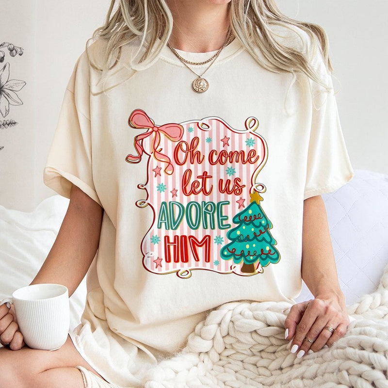 Coquette Christmas Graphic Tee, Oh Come Let Us Adore Him T-Shirt, Christian Holiday Shirt, Religious Xmas Hymn T-Shirt, Faith Present for Her