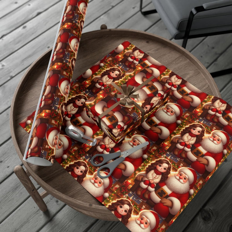 Adorable Christmas Holiday Gift Wrap, Santa and Girl Wrapping Paper, Festive Winter Season Paper Roll, Vintage Xmas Present Wrap, Holiday Present