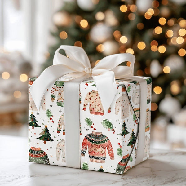 Festive Holiday Gift Wrap, Ugly Christmas Sweater Wrapping Paper, Watercolor Xmas Tree Wrapping Paper, Adorable Holiday Prese