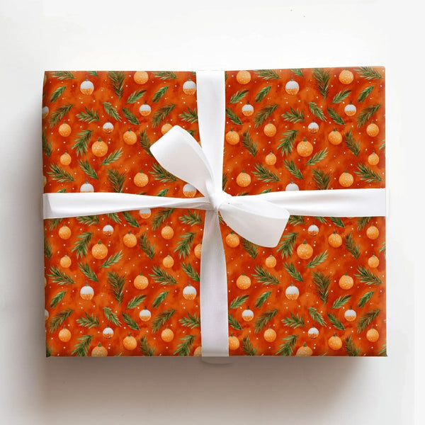 Watercolor Pine Wrapping Paper, Orange Ornament Wrapping Paper, Festive Christmas Wrapping Paper, Holiday Gift Wrap Roll