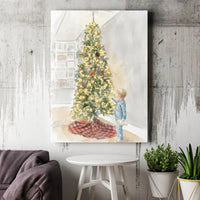 Child in Pajamas Holiday Wall Art, Christmas Tree Watercolor Canvas Print, Christmas Nursery Canvas Decor, Holiday Canvas, Digital Download