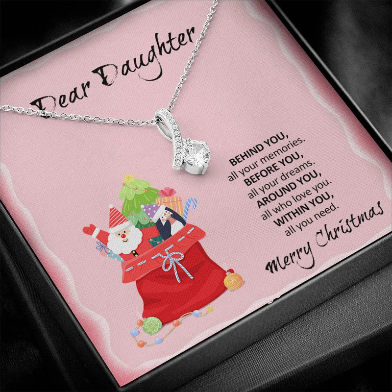 Cubic Zirconia Christmas Necklace, Daughter Ribbon Pendant Necklace, 14k White Gold Finish Daughter Necklace, Holiday Present for Daughter