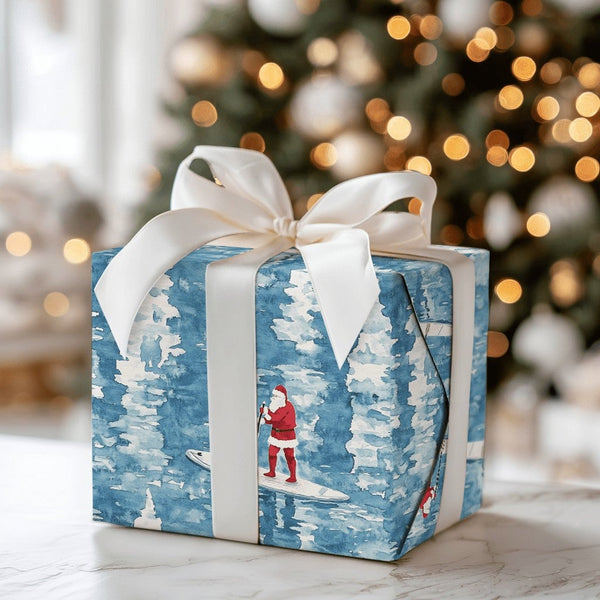 Coastal Tree Reflections Gift Wrap, Santa Paddleboarding Wrapping Paper, Watercolor SUP Christmas Paper, Unique Holiday Wrapp
