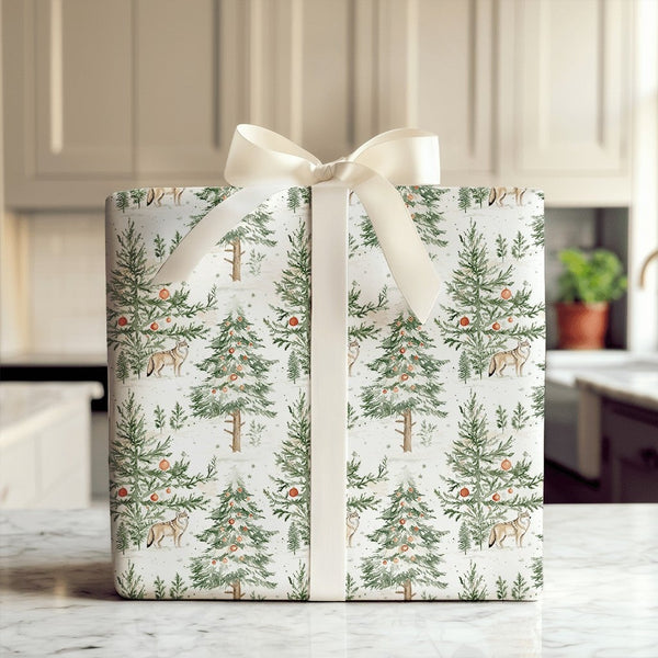 Snowy Forest Christmas Gift Wrap, Watercolor Wolf Wrapping Paper, Rustic Winter Holiday Wrapping Paper, Nature Animal Present