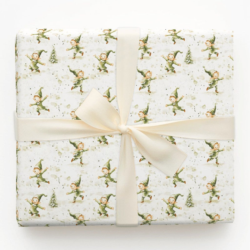 Watercolor Christmas Elves Gift Wrap, Dancing Elves Wrapping Paper, Festive Pine Tree Holiday Paper Roll, Adorable Elf Xmas Wrapping Paper