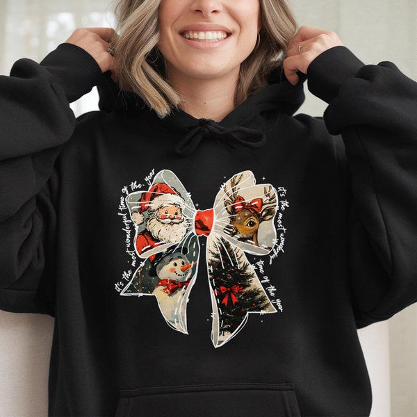 Retro Santa Snowman Reindeer Sweatshirt, Christmas Coquette Bow Hoodie, Girly Holiday Aesthetic Hooded Pullover, Festive Xmas