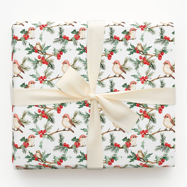 Watercolor Holly Berries Gift Wrap, Winter Birds Wrapping Paper, Christmas Wrapping Paper Roll, Nature Lover Festive Holiday 