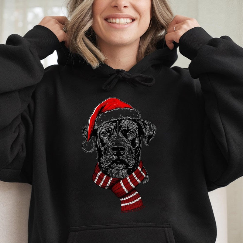 Festive Santa Hat Scarf Dog Sweatshirt, Christmas Dog Hoodie, Adorable Holiday Dog Hoodie, Winter Pet Lover Hooded Sweatshirt, Xmas Dog Present