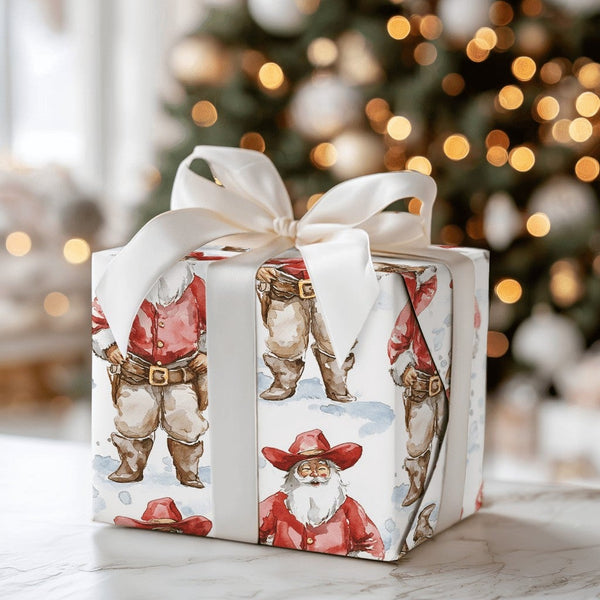 Wild West Watercolor Santa Gift Wrap, Cowboy Santa Christmas Wrapping Paper, Rustic Chaps Santa Wrapping Paper, Country Holid