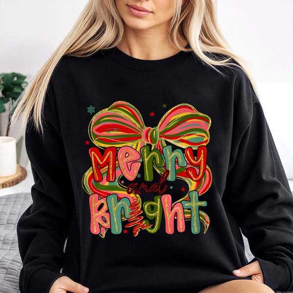Preppy Coquette Bow Christmas Sweater, Merry and Bright Sweatshirt, Retro Girly Holiday Crewneck, Adorable Winter Season Grap
