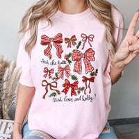 Festive Holly Pattern Graphic Tee, Christmas Bows T-Shirt, Adorable Coquette Xmas Shirt, Retro Holiday Aesthetic Top, Present for Her