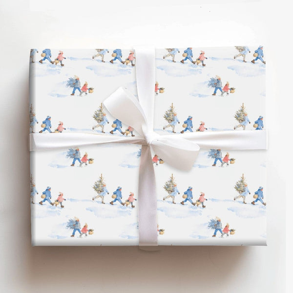 Watercolor Winter Scene Gift Wrap, Carrying Christmas Tree Wrapping Paper, Nostalgic Holiday Wrapping Paper, Festive Gift Wra