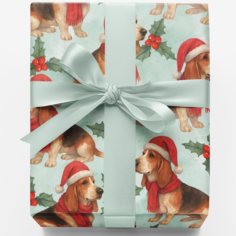 Basset Artesien Normand Gift Wrap, Basset Hound Christmas Wrapping Paper, Festive Holly Dog Present Paper, Dog Lover Holiday Wrapping Paper