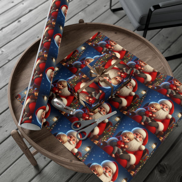 Adorable Holiday Gift Wrap, Santa Claus and Child Christmas Wrapping Paper, Festive Kids Xmas Present Paper, Vintage Santa Cl
