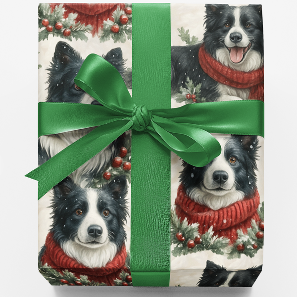 Festive Winter Dog Gift Wrap Roll, Border Collie Christmas Wrapping Paper, Holiday Collie Pet Wrapping Paper, Dog Lover Prese