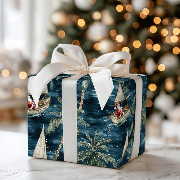 Coastal Christmas Gift Wrap, Sailing Santa Wrapping Paper, Tropical Holiday Wrapping Paper, Palm Tree Ocean Christmas Paper R
