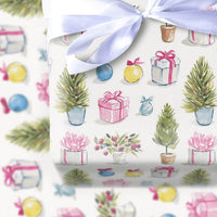 Potted Evergreen Holiday Gift Wrap, Watercolor Christmas Tree Wrapping Paper, Holly Present Paper, Retro Pastel Holiday Wrapping Paper Roll