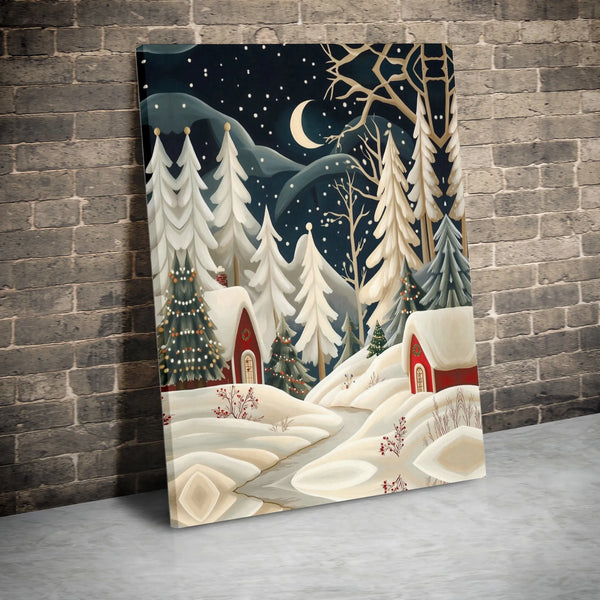 Snowy Winter Forest Canvas, Christmas Village Canvas Wall Art, Comfy Night Landscape Print, Holiday Christmas Canvas, Winter 