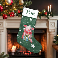 Adorable Holiday Lights Piggy Stocking, Personalized Pig Christmas Stocking, Festive Farm Animal Stocking, Custom Kids Christmas Stocking