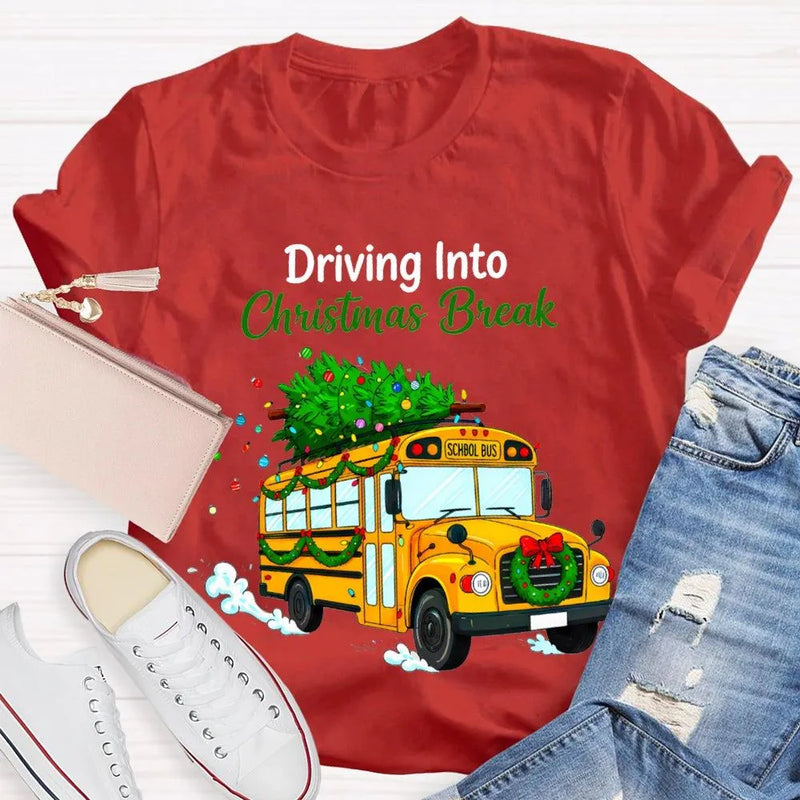 Driving into Christmas Break Shirt, Christmas School Bus T-Shirt, Winter Holiday Bus Driver Tee, Teacher Graphic T-Shirt, Xmas Present