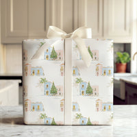 Tropical Village Wrapping Paper, Coastal Christmas Wrapping Paper, Watercolor Beach House Gift Wrap, Pastel Coastal Town Wrapping Paper