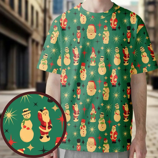 Retro Holiday Lawn Decor Sublimation Tee, Vintage Christmas Blow Molds All-Over Print T-Shirt, Kitschy Xmas Graphic Festive S