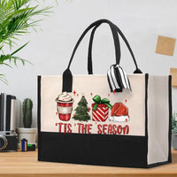Retro Christmas Canvas Tote, Tis the Season Holiday Tote Bag, Festive Winter Shopping Bag, Holiday Season Reusable Cotton Tote Bag