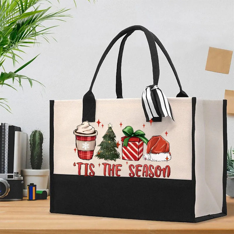 Retro Christmas Canvas Tote, Tis the Season Holiday Tote Bag, Festive Winter Shopping Bag, Holiday Season Reusable Cotton Tote Bag
