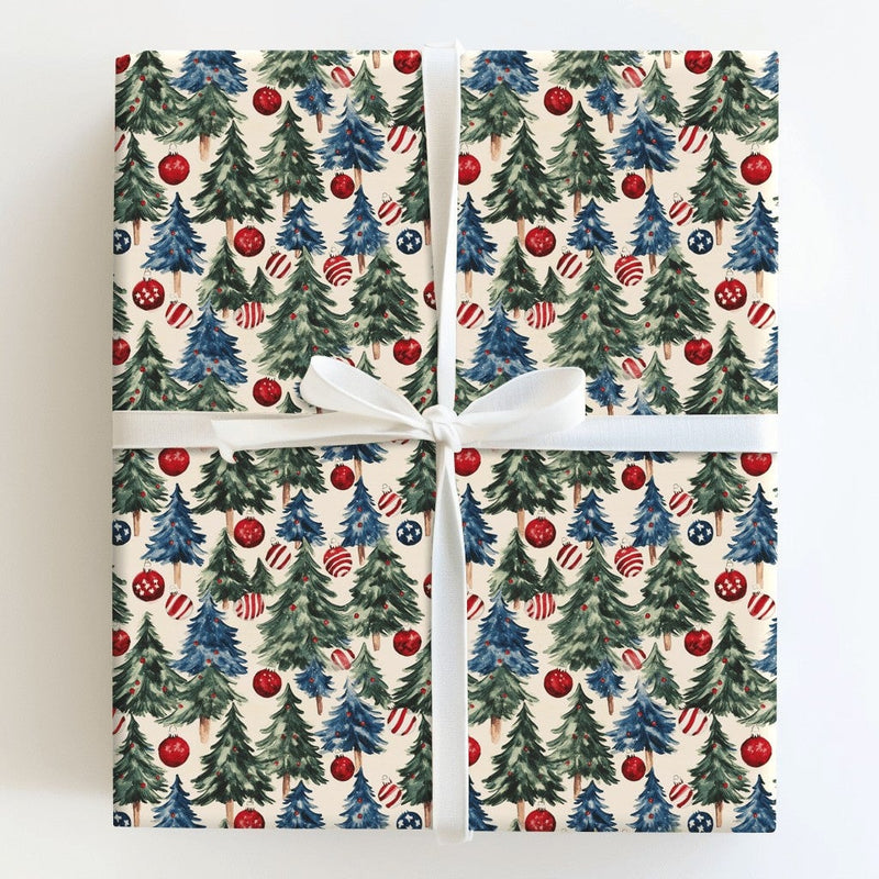 Red White Blue Tree Holiday Wrapping Paper, Americana Patriotic Christmas Wrapping Paper, Star Ornament Gift Wrap, Rustic Xmas Paper Roll