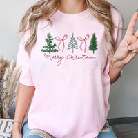Minimalist Holiday Graphic Tee, Merry Christmas Tree and Bow T-Shirt, Coquette Christmas Bow Shirt, Adorable Festive Xmas Top for Women