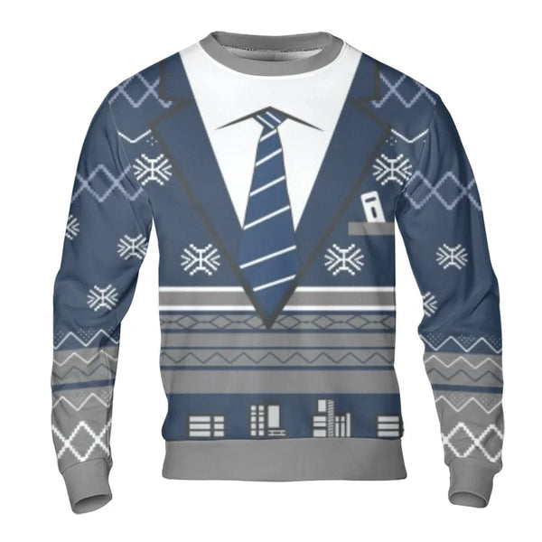 Blue Snowflake Graphic Pullover, Faux Suit and Tie Ugly Christmas Sweater, Tuxedo Holiday Party Sweatshirt, Humorous Fancy Fo