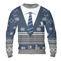 Blue Snowflake Graphic Pullover, Faux Suit and Tie Ugly Christmas Sweater, Tuxedo Holiday Party Sweatshirt, Humorous Fancy Formal Xmas Top