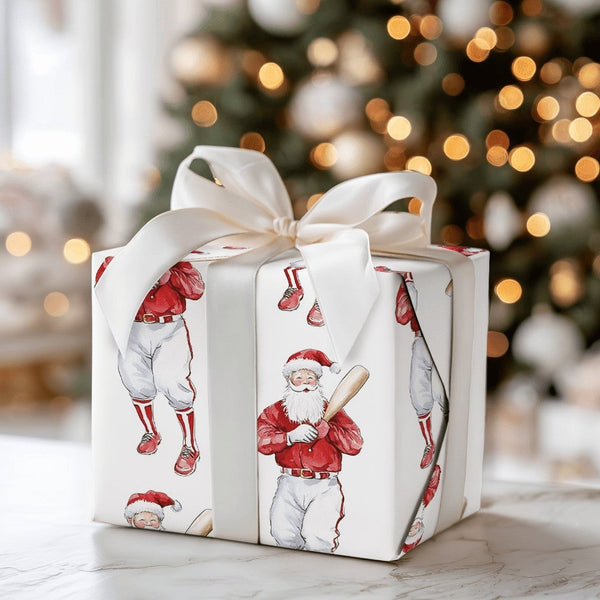 Retro Sport Christmas Gift Wrap, Vintage Baseball Santa Wrapping Paper, Red Uniform Baseball Wrapping Paper, Sports Fan Gift 