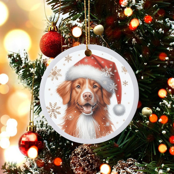 Santa Hat Dog Christmas Ornament, Nova Scotia Duck Tolling Retriever Ornament, Ceramic Puppy Tree Ornament, Holiday Present f