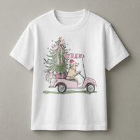 Golf Cart Holiday Dog Shirt, Christmas Golden Retriever T-Shirt, Adorable Xmas Retriever Graphic Tee, Humorous Dog Lover Shirt, Holiday Party Present