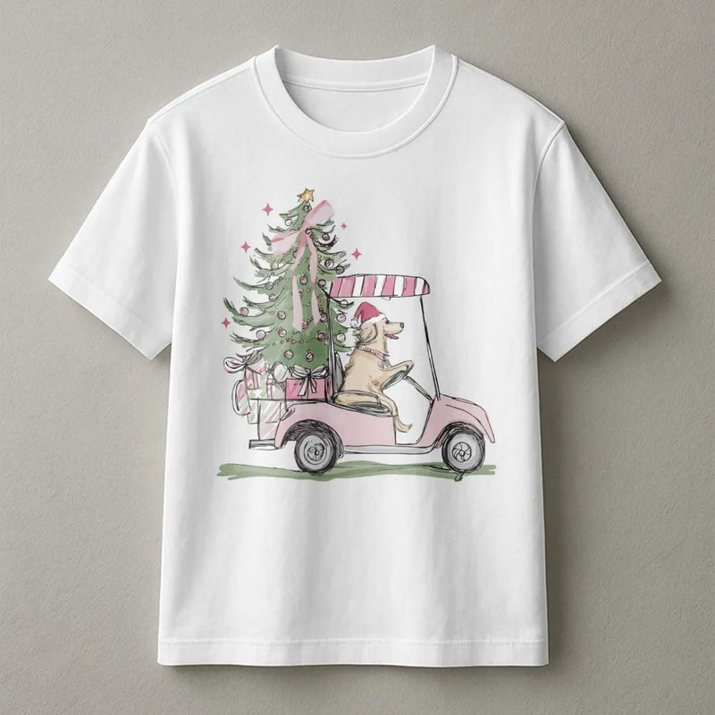 Golf Cart Holiday Dog Shirt, Christmas Golden Retriever T-Shirt, Adorable Xmas Retriever Graphic Tee, Humorous Dog Lover Shirt, Holiday Party Present