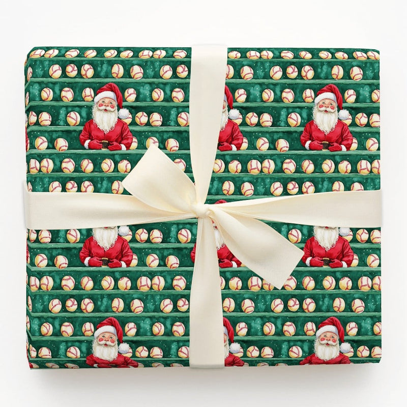 Green Sports Shelf Gift Wrap, Santa Baseball Christmas Wrapping Paper, Holiday Baseball Wrapping Paper, Fan Xmas Present Wrapping Paper