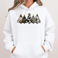 Cowhide Print Trees Cowboy Hat Hooded Sweatshirt, Western Christmas Hoodie, Southern Country Holiday Pullover, Rodeo Xmas Graphic Sweater