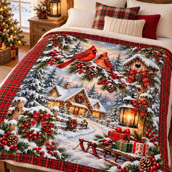 Snowy Cottage Winter Bird Throw Blanket, Red Cardinal Christmas Sherpa Blanket, Plaid Cardinal Fleece Blanket