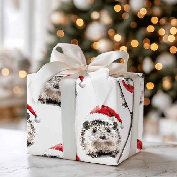 Santa Hat Animal Gift Wrap, Hedgehog Christmas Wrapping Paper, Adorable Hedgehog Holiday Wrapping Paper, Winter Wildlife Fest