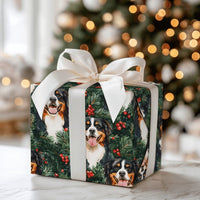 Festive Pine Holly Berry Gift Wrap, Bernese Mountain Dog Christmas Wrapping Paper, Holiday Dog Lover Present Paper, Winter Gift Wrap Roll