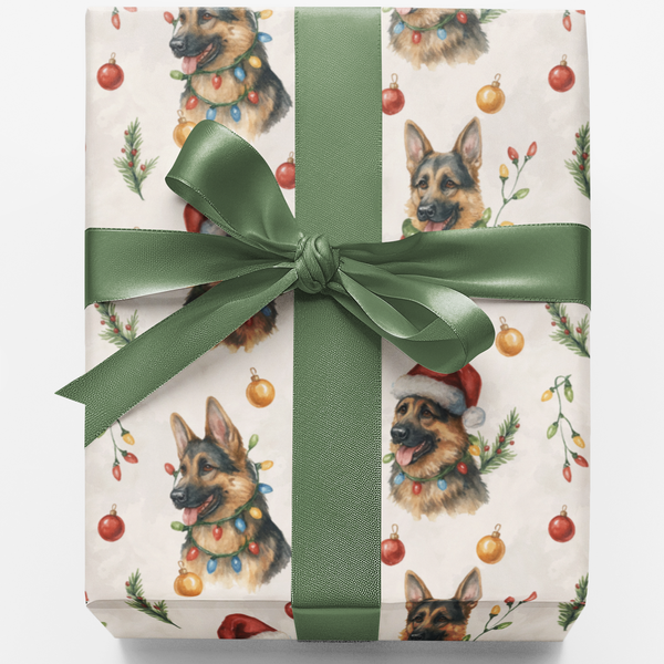 German Shepherd Dog Holiday Gift Wrap, German Shepherd Christmas Wrapping Paper, Santa Hat Pup Wrapping Paper, Dog Lover Xmas