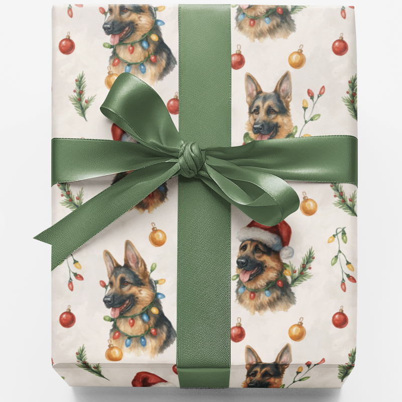 German Shepherd Dog Holiday Gift Wrap, German Shepherd Christmas Wrapping Paper, Santa Hat Pup Wrapping Paper, Dog Lover Xmas Present Paper