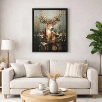 Winter Floral Deer Wall Art, Christmas Deer Canvas Print, Pine Cone Deer Canvas Art, Holiday Wildlife Wall Decor, Rustic Deer Wall Print