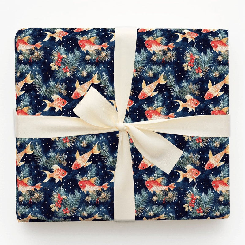 Winter Fish Gift Wrap, Goldfish Holiday Wrapping Paper, Pine Holly Berry Wrapping Paper, Navy Blue Xmas Gift Wrap, Aquatic Christmas Paper